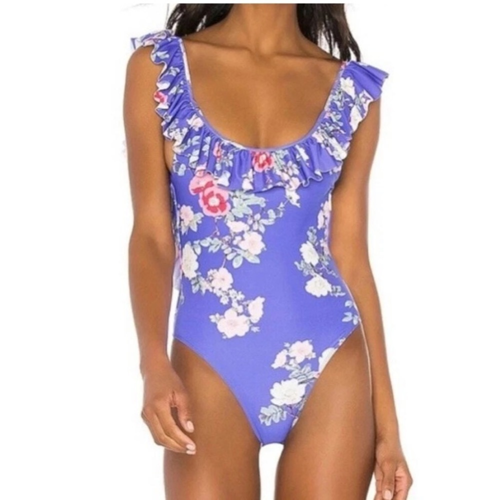 Lovers + Friends Flutter By One Piece Swimsuit Ruffle Floral Blue Size Small - Picture 9 of 9